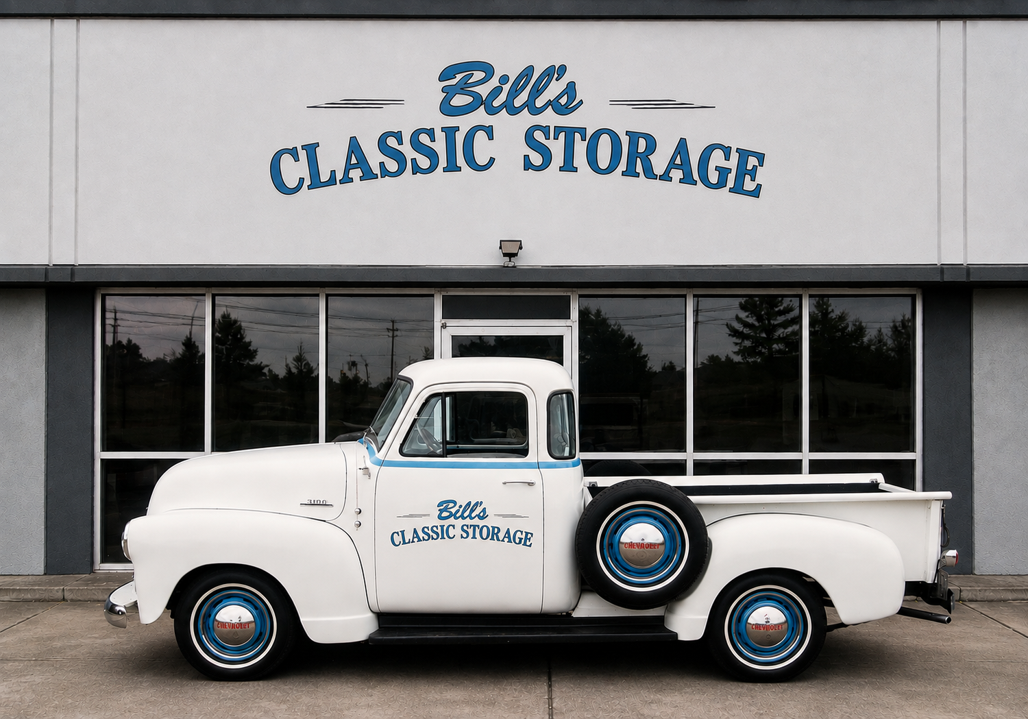 Bill's Classic Storage storefront and vintage Chevrolet pickup