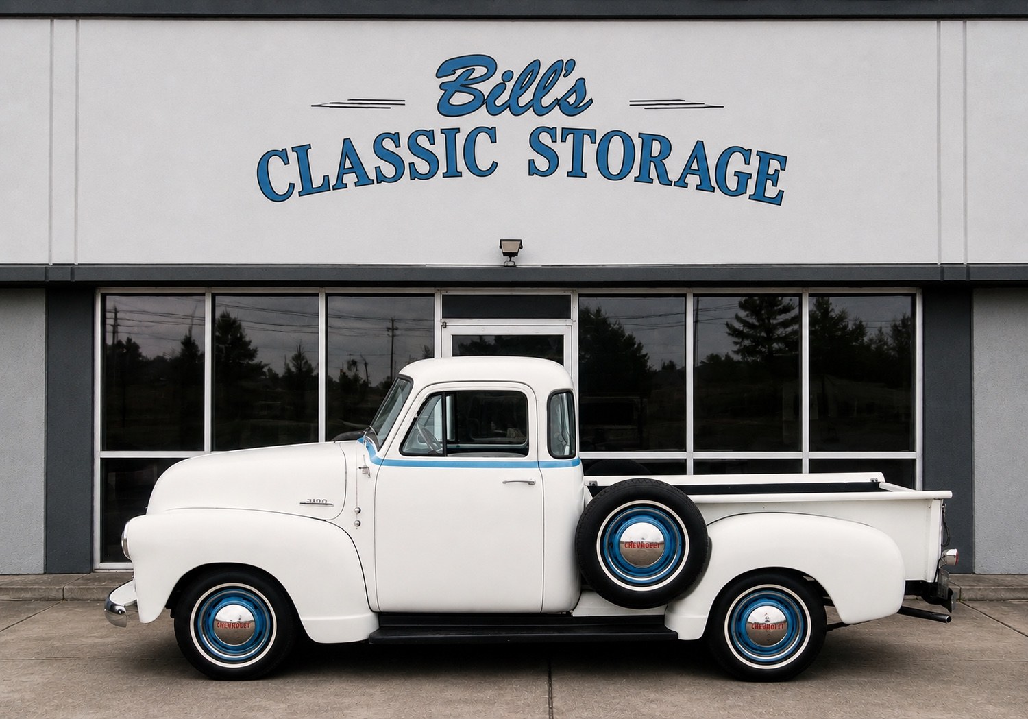 Classic Chevrolet pickup in front of Bill's Classic Storage